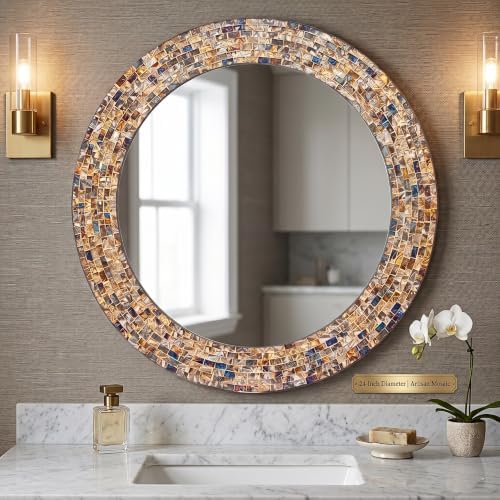 24" Gold Mosaic Wall Mirror, Handmade Round Decorative Mirror - Image 2