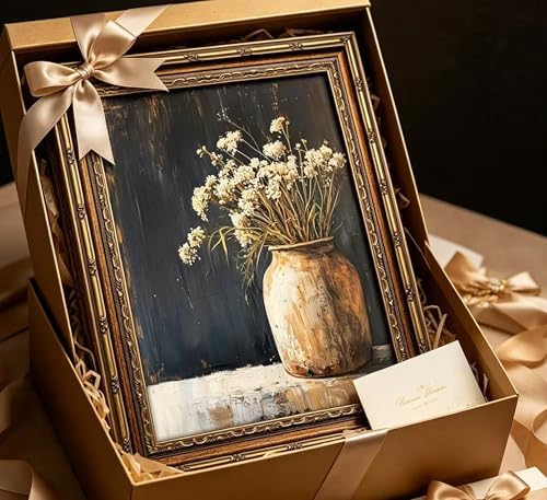 Vintage Gold Framed Wall Art, Fall Dried Flowers Antique Vase Country Oil - Image 3