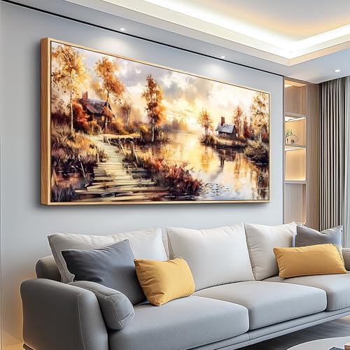 Large Framed Rustic Wall Decor Farmhouse Riverside Scenery Painting 30"X60" by XIGUANGART