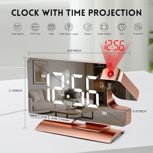 Projection Clock, Alarm Clocks for Bedrooms, 7.3"Mirror Bedside Clock - Image 6