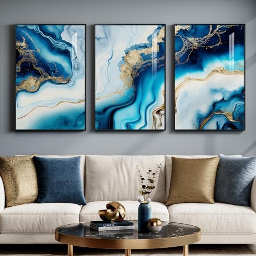 Large Framed Blue and Gold Abstract Wall Art by Cuspin