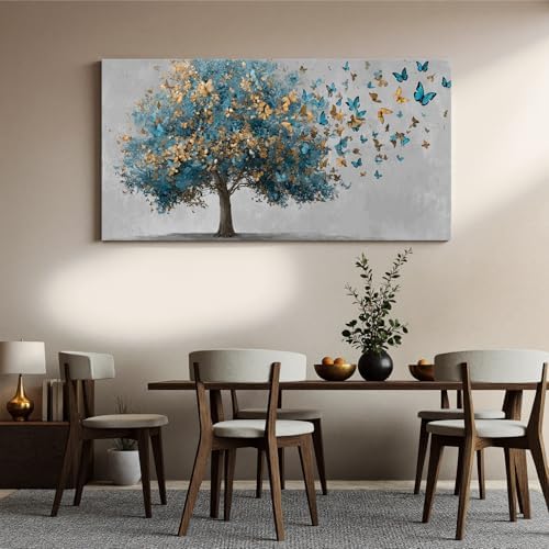 YISXINOAG Blue Gold Tree of Life Wall Art Butterfly Landscape Print 24"X48" - Image 4