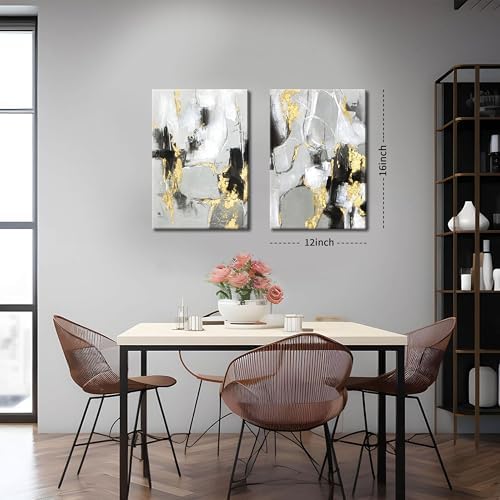 Framed Abstract Black Gold Wall Art Set of 2, Modern Black White Gold Canvas - Image 5