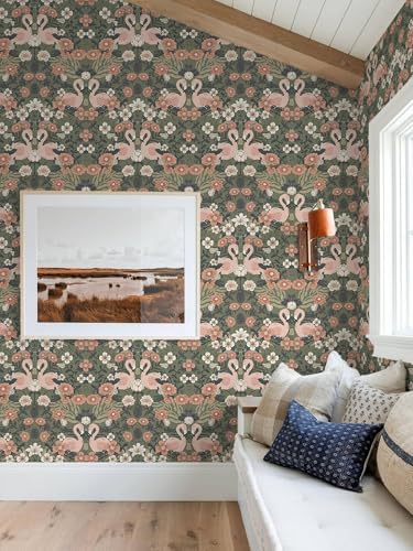 Heroad Vintage Peel and Stick Wallpaper Floral Flamingo Contact Paper Sage - Image 2