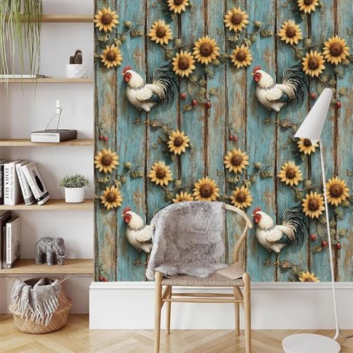 Sunflowers Rooster Peel and Stick Wallpaper 17.3"x78.7" Wood Vintage Non-Woven - Image 3