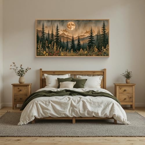 Vintage Moonlight Forest Mountain Framed Canvas Wall Art Set- 20"x40"x1 - Image 5