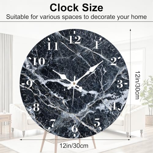12" Silent Wall Clock, Round Wall Clock, Dark Vein Marble - Image 2