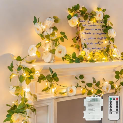 suddus 60LED Garland with White Camellia Lights Battery Operated Clear Wire by SUDDUS