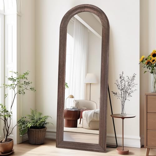 65x22 Solid Wood Arched Full Length Mirror, Elegant Brown Finish - Image 6