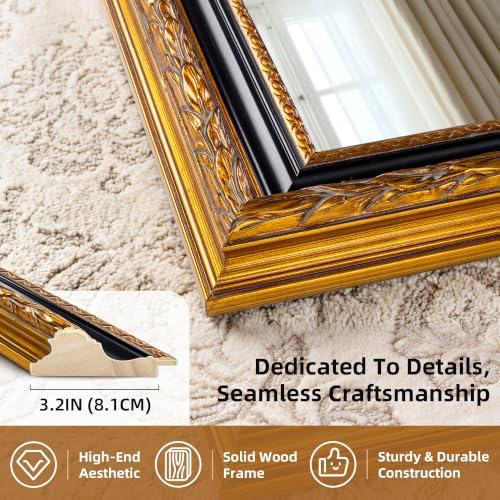 Black & Gold Leaf Carved Decorative Mirror, 60.6 x 31 Inches - Image 2
