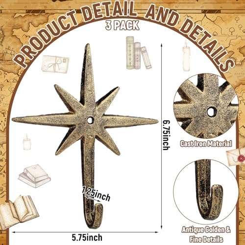 3 Pcs Cast Iron 8 Pointed Atomic Starburst Cute Wall Hooks - Image 2