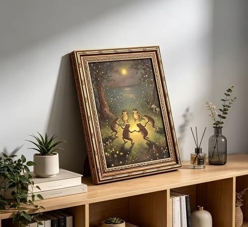 Vintage Gold Framed Frog Wall Art, Frogs Dancing in Moonlight Forest Painting - Image 6