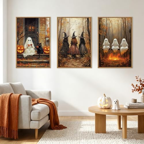 HLNIUC Framed Halloween Canvas Wall Art, Dark Witch Crow Raven Prints, Horror - Image 5
