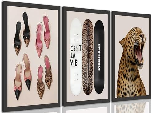 Stockholm Style 3-Piece Framed Wall Art Set – Leopard Print & Preppy Fashion Art by JBZDD