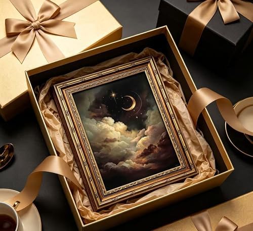 Vintage Gold Framed Celestial Wall Art, Moody Moon and Stars Gothic Painting - Image 4