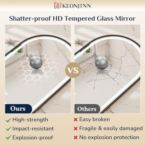 Keonjinn 20x30 Inch Black Arched LED Bathroom Mirror, Frontlit & Backlit - Image 4