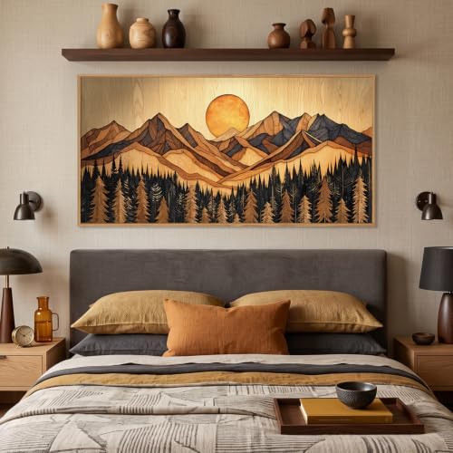 Boho Mountain Woodcut Framed Canvas Wall Art Set -20"x40" - Image 4