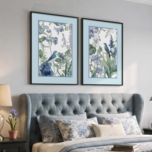 Framed Vintage Blue Floral Bird Botanical Wall Art - Image 2