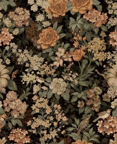 Dark Vintage Olive Floral Peel and Stick Wallpaper 17.5" x 118" by VOLEAARWALLPAPER