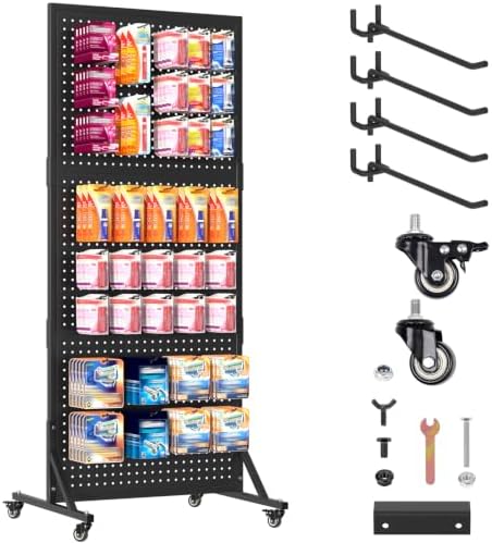 1 Pack 2x5ft Metal Pegboard Display Stand w/Wheels & 30 Hooks by Unknown