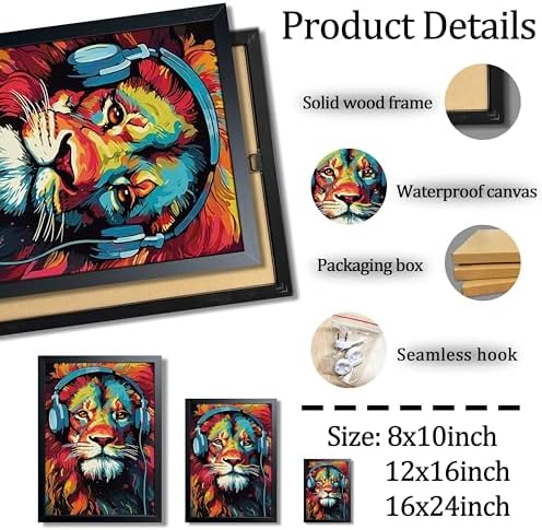 Colorful Lion Wall Art Framed Canvas Print, Lion Wearing Headphones Pop Art - Image 3