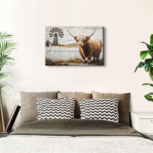 Country Farm Autumn Landscape Canvas Wall Art Vintage Longhorn Cow Pictures - Image 4