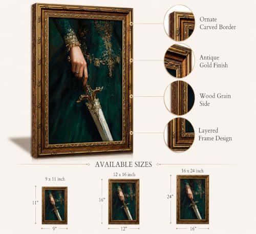 Vintage Gold Framed Emerald Queens Sword Canvas Wall Art Dark Academia Gothic - Image 2