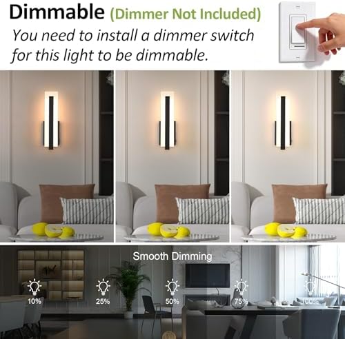 Tipace Hardwired Black Dimmable Modern LED Wall Sconce 2 Packs 3000K 3500K - Image 2