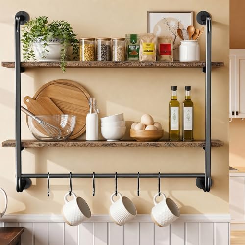 2 Tier Industrial Pipe Floating Shelf, 31.5" Kitchen Wall Shelves by Kssiaz