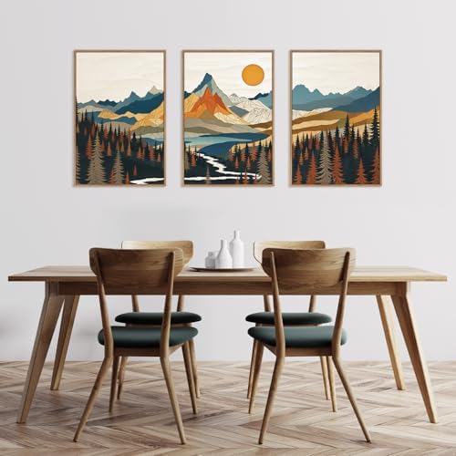 HLNIUC Large Sunset Mountain Framed Wall Art, Boho Forest Pine Tree Canvas Wall - Image 6