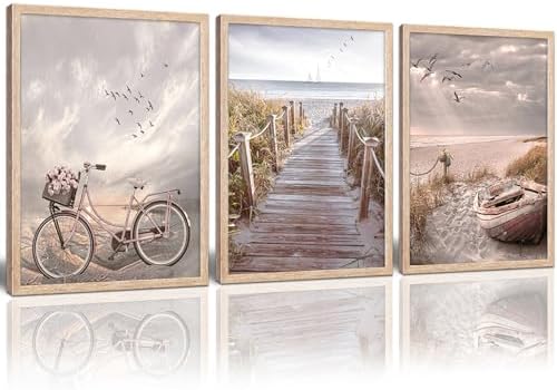 Beach Canvas Wall Art Neutral Coastal Canvas Pictures Vintage Bicycle Wooden by weiyiart