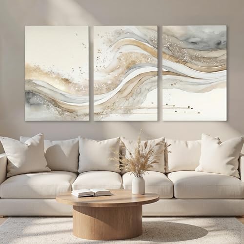 AVECCO Triptych Abstract Gold Grey Wave Wrapped Wall Art Canvas 24x36 Inch - Image 2