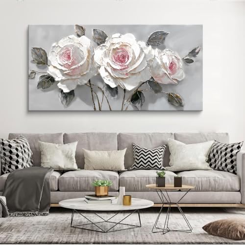 Large White Pink Rose Canvas Wall Art Decor - Image 3