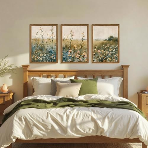 AVECCO 3 Pieces Vintage Wildflower Field Wall Art Framed Canvas 16x24 inch - Image 2