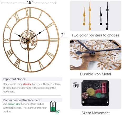 48in Large Silent Wall Clock, Easy Assembly Roman Numeral Bronze - Image 2