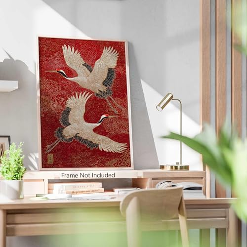 Retro Japanese Canvas Wall Art Funny Oriental Crane Posters Red And Gold Bird - Image 2
