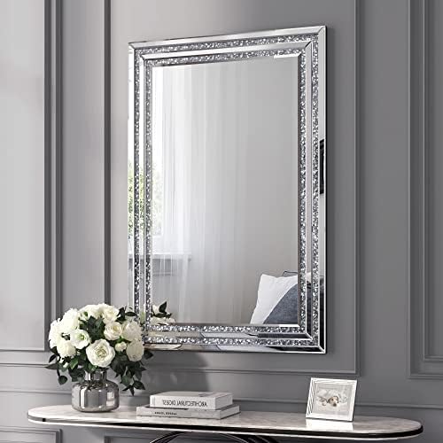 KOHROS 24" x 36" Frameless Bathroom Crystal Decorative Mirror, Crushed Diamond by KOHROS