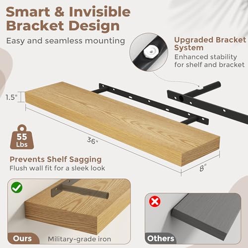 36 Inch Floating Shelves for Wall, Oak Finish - Image 2