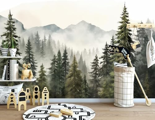 Serene Watercolor Misty Pine Forest Mountain Wallpaper by Unknown