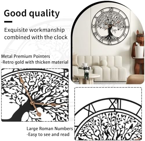Dankeit Tree of Life Wall Clock, 24Inch Metal Black Family Tree Oversized Wall - Image 2