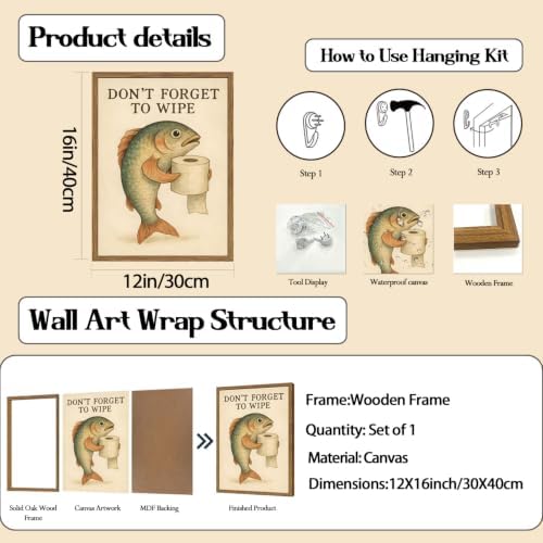 Funny Fish Bathroom Wall Art Don't Forget to Wipe Quote Sign Wall Decor Painting - Image 3