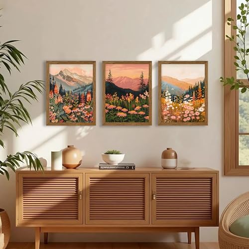 3 Piece Wildflower Mountain Wall Art Colorful Landscape Canvas Art 12x16in - Image 2