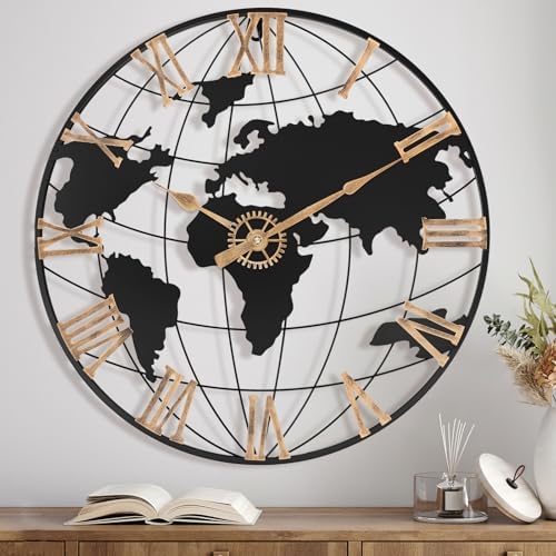 Pytha Sight 24 Inch Large World Map Vintage Gold Roman Numerals Wall Clock by Pytha+Sight