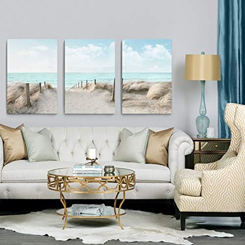 3 Piece Large Canvas Bedroom Wall Art Beach Blue Sea Blue Sky Print Picture - Image 3