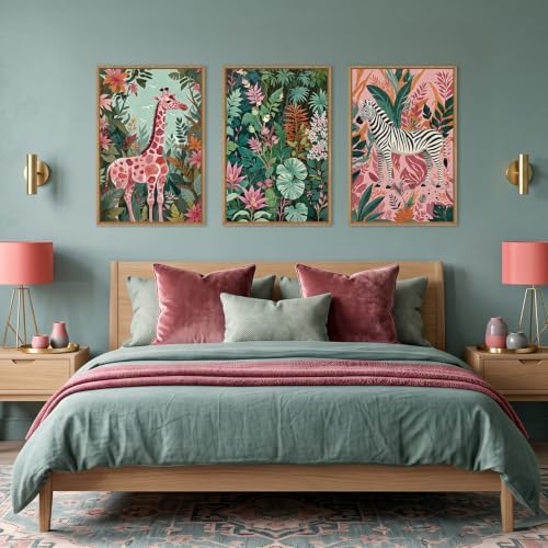 Aryroi Boho Sage Green Pink Giraffe Zebra Jungle Framed Canvas Wall Art Set - Image 4