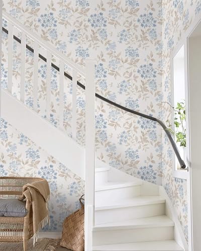 Heroad Boho Floral Wallpaper Blue/Beige Peel and Stick Wallpaper Neutral Leaf - Image 5