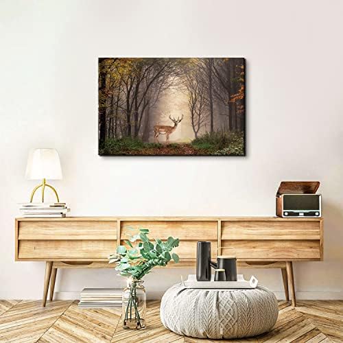 Wild Animal Landscape Canvas Wall Art Deer in Autumn Foggy Forest Picture Wall - Image 4