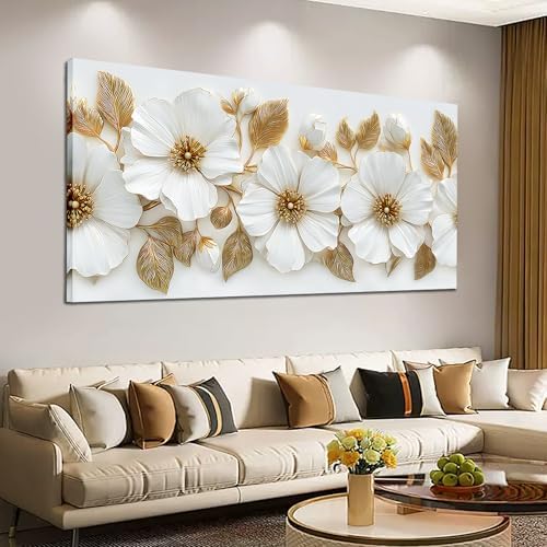 Large Canvas Wall Art for Living Room White and Gold Floral Print Painting wall by POMAIHUADE