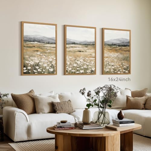CAZLOUC White Wildflowers Wall Art Set of 3, Neutral Meadow Landscape Wall Decor - Image 2