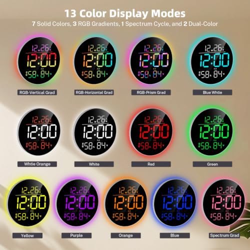 10" Round Digital Wall Clock for Bedroom, 13-Color RGB Model Large LED Display - Image 2